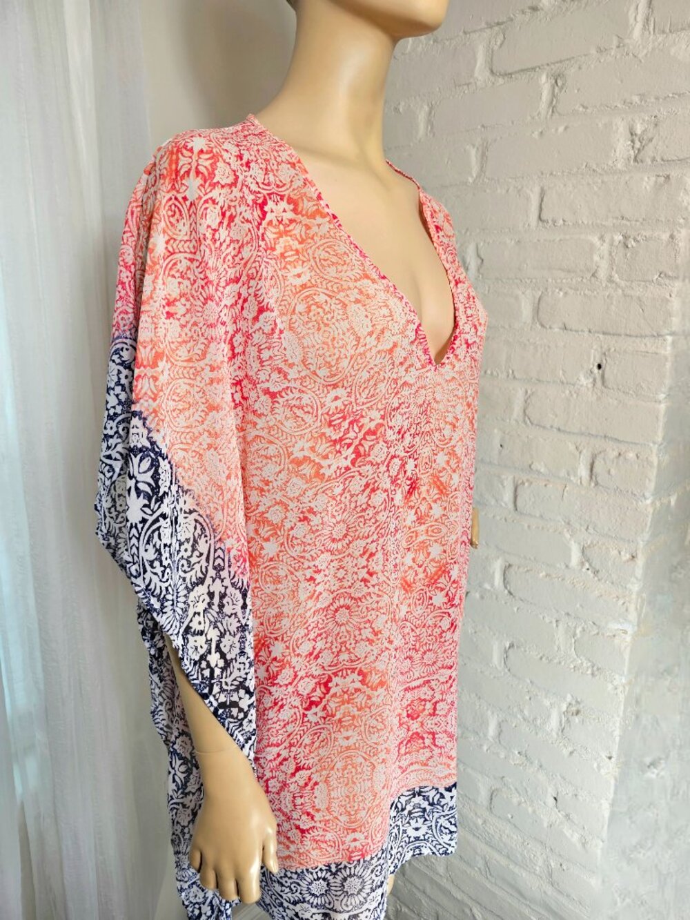 Tommy Bahama Kaftan Cover-Up Size M Coral Navy Border Print Beach - Picture 2 of 7